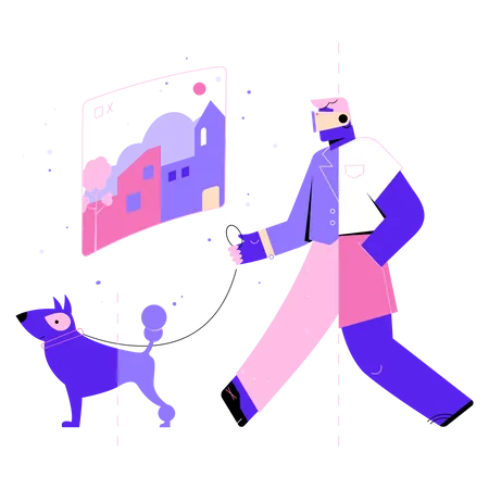 Boy walking with dog in meta world  Illustration