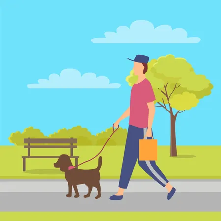 Boy walking with dog in park  Illustration