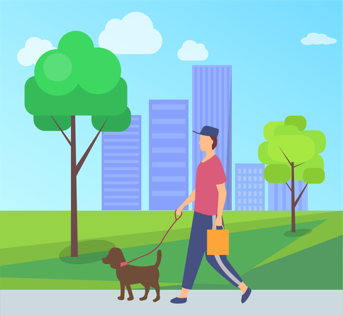 Boy walking with dog in park  Illustration