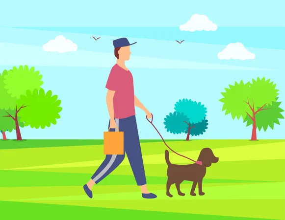 Boy walking with dog in park  Illustration