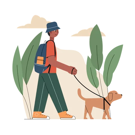 Boy walking with pet dog  Illustration