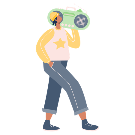 Boy walking with radio  Illustration