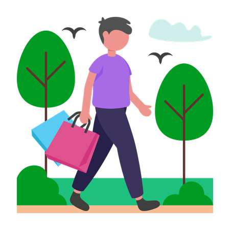 Boy walking with shopping bags  Illustration
