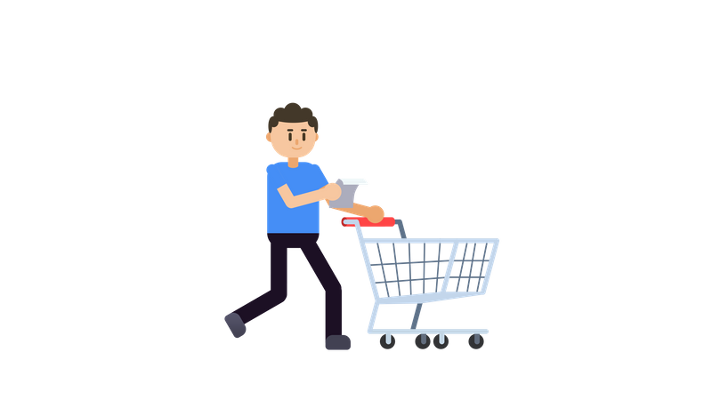 Boy walking with shopping cart  イラスト