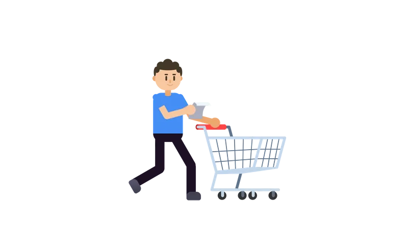 Boy walking with shopping cart  Illustration