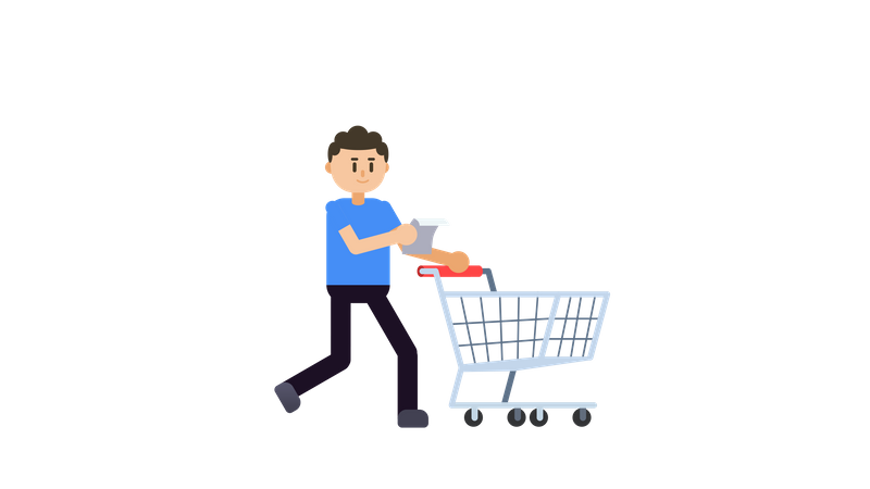 Boy walking with shopping cart  Illustration