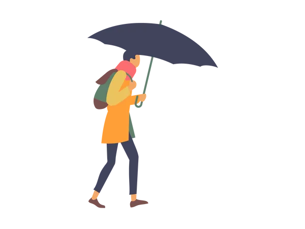 Boy walking with umbrella in rainy day Illustration
