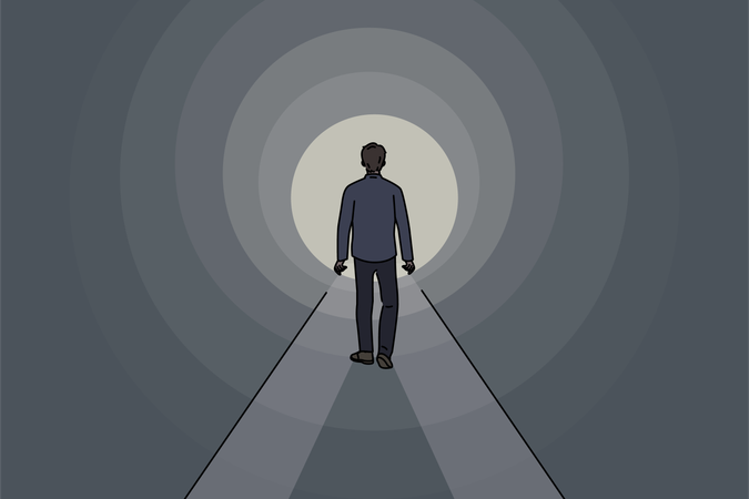 Boy walks in dark hole  Illustration