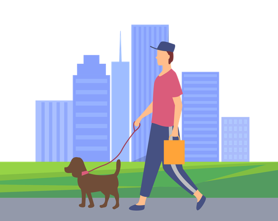 Boy walks with his dog in garden  Illustration