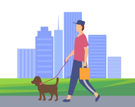 Boy walks with his dog in garden  Illustration