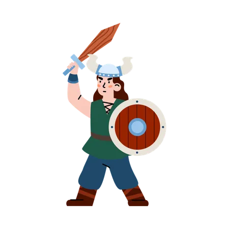 Boy warrior viking in horned helmet holding sword and shield  Illustration