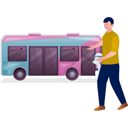 Boy washing bus  Illustration