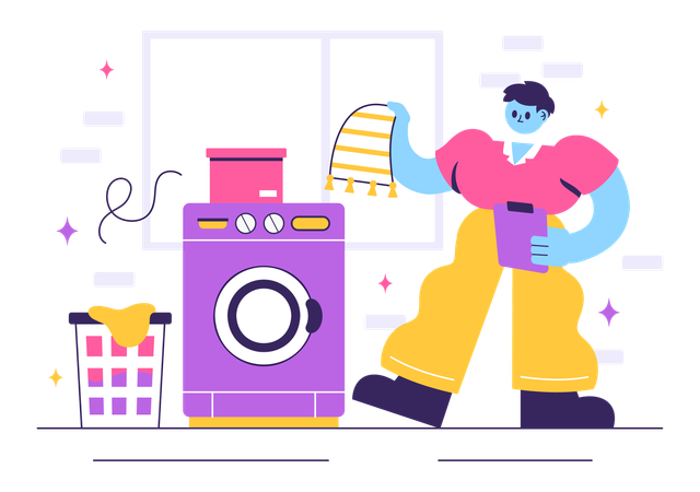 Boy washing clothes in Laundry Room  Illustration