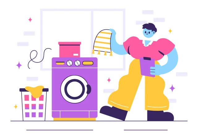 Boy washing clothes in Laundry Room  Illustration