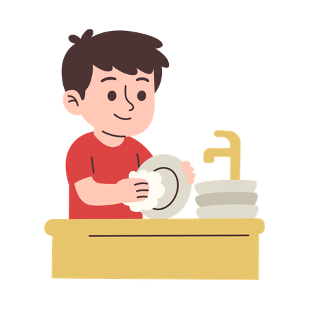 Boy washing dishes at sink cleaning  plate  Illustration