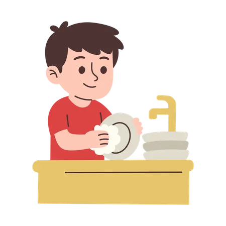 Boy washing dishes at sink cleaning  plate  Illustration