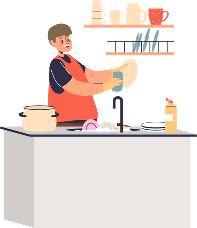Boy washing dishes in kitchen Illustration