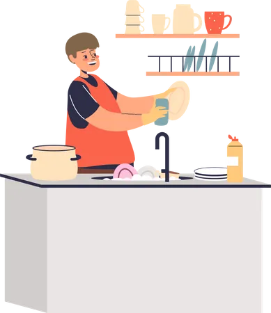 Boy washing dishes in kitchen Illustration