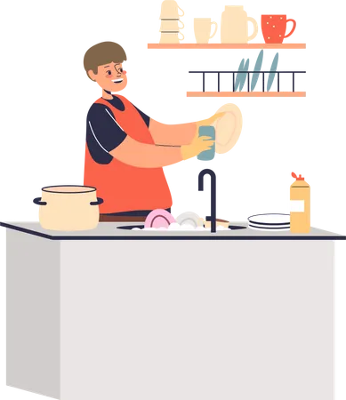 Boy washing dishes in kitchen  Illustration