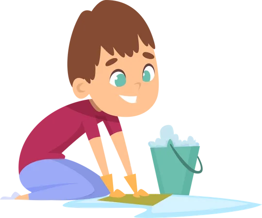 Boy washing floor with water and bucket Illustration