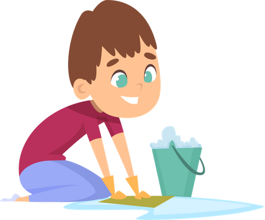 Boy washing floor with water and bucket  Illustration