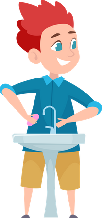 Boy washing hands in sink Illustration