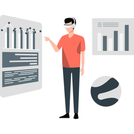 VR 안경을 쓰고 데이터 서버를 보는 소년  일러스트레이션