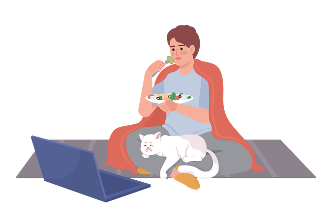 Boy watching movie on laptop with cat on lap  Illustration