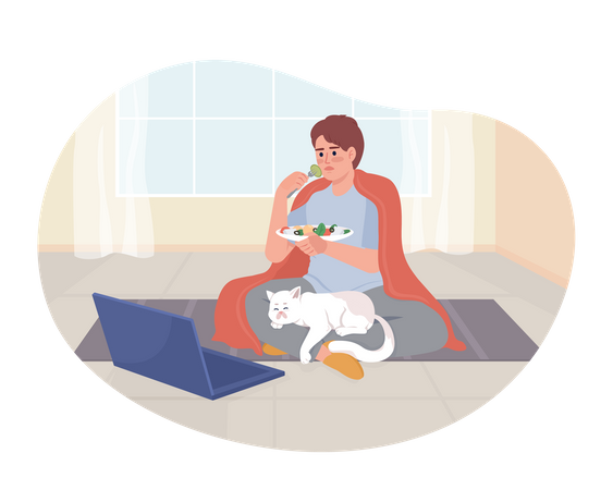 Boy watching movie on laptop with cat on lap  Illustration