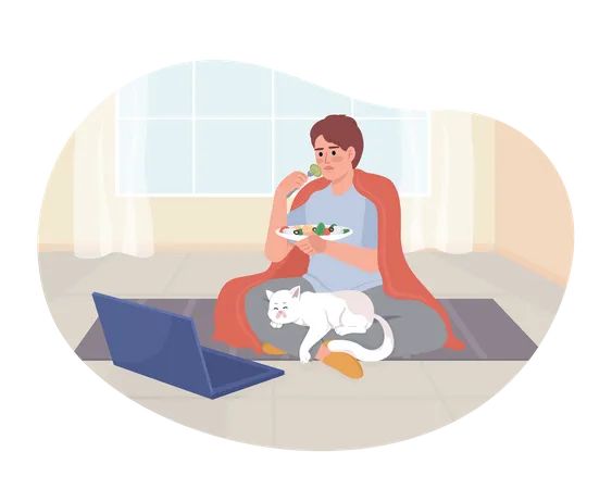 Boy watching movie on laptop with cat on lap  Illustration
