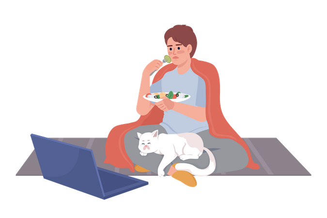 Boy watching movie on laptop with cat on lap  イラスト