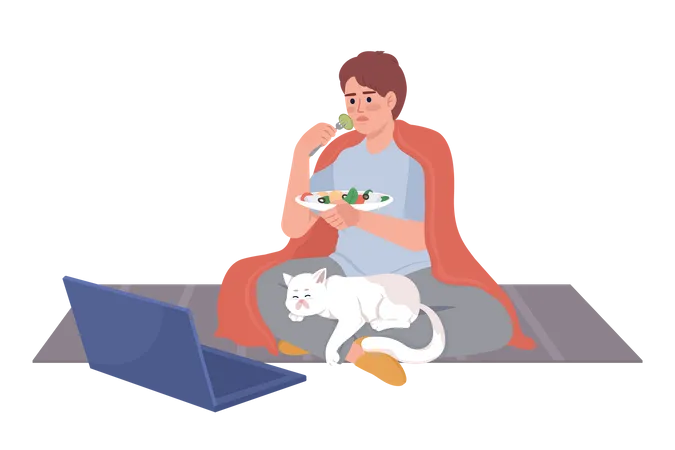 Boy Watching Movie On Laptop With Cat On Lap Semi Flat Color Vector Character Editable Figure Full Body Person On White Simple Cartoon Style Illustration For Web Graphic Design And Animation イラスト