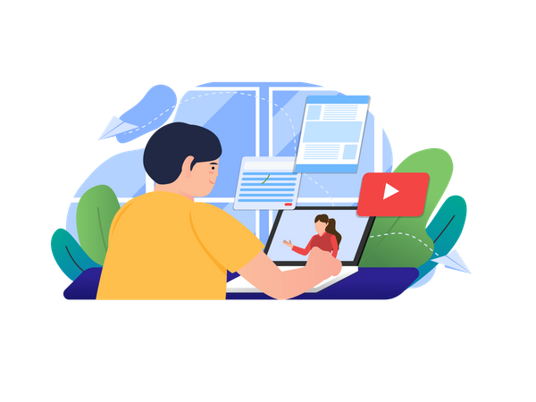Boy watching online educational video  イラスト