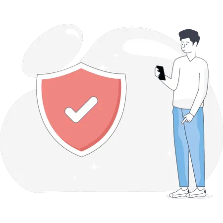 Boy watching Protection Shield in mobile  Illustration