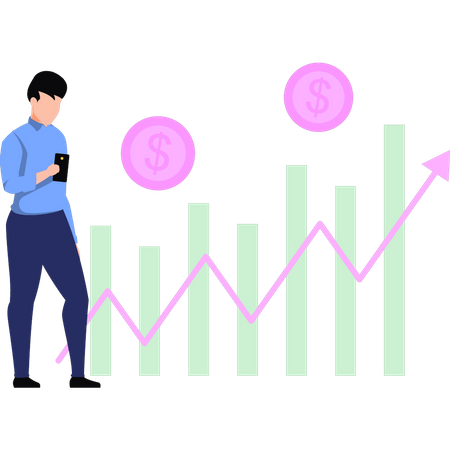 Boy watching the dollar graph grow  Illustration