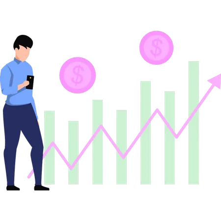 Boy watching the dollar graph grow  Illustration