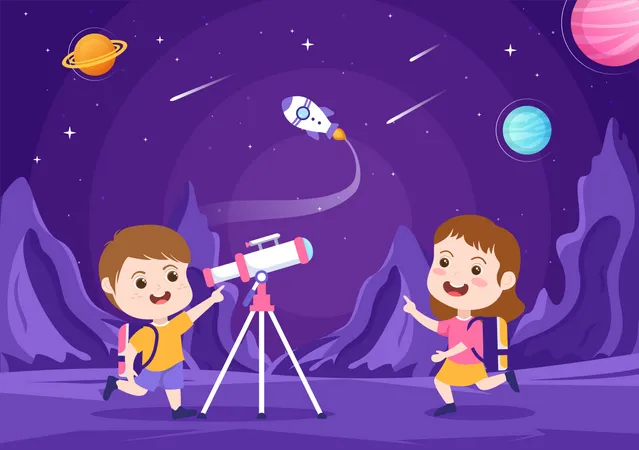 Astronomy Cartoon Illustration With Cute Kids Watching Night Starry Sky Galaxy And Planets In Outer Space Through Telescope In Flat Hand Drawn Style Illustration
