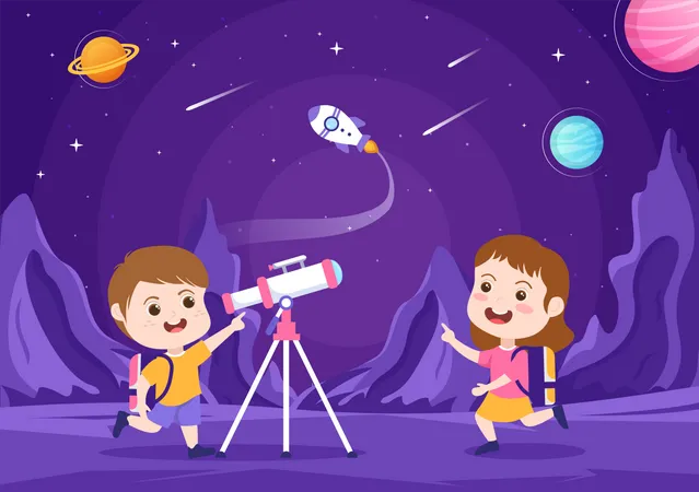 Boy Watching Through Telescope  Illustration