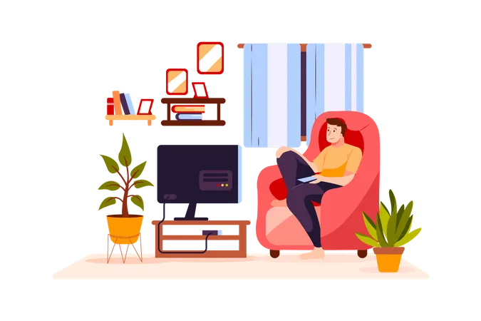 Boy watching tv in the house Illustration