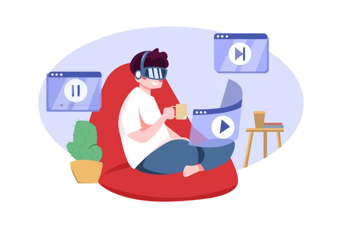 Boy watching video using VR tech Illustration