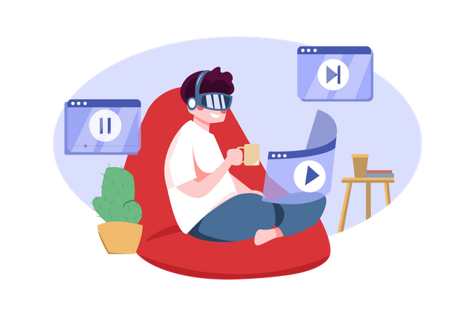 Boy watching video using VR tech  Illustration