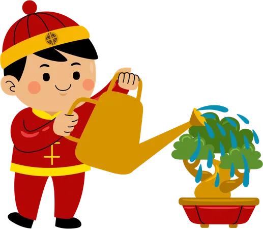 Boy watering chinese plant  Illustration