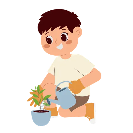 Boy Watering Plant  Illustration