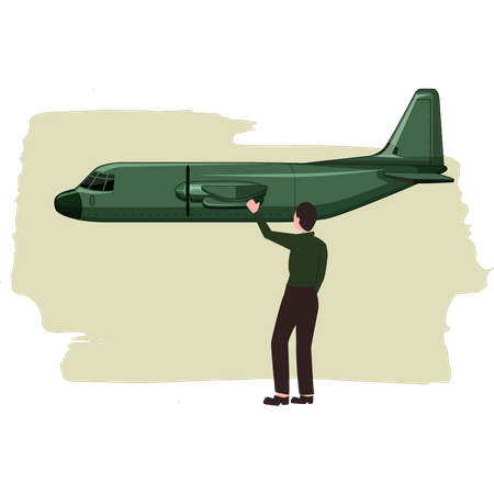 Boy Waving At A Military Plane  Illustration