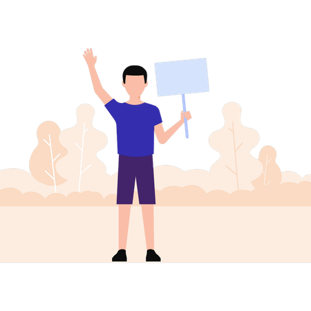Boy waving hand while holding board  Illustration