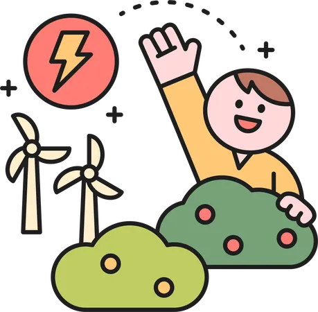 再生可能エネルギーを使いながら手を振る少年  イラスト