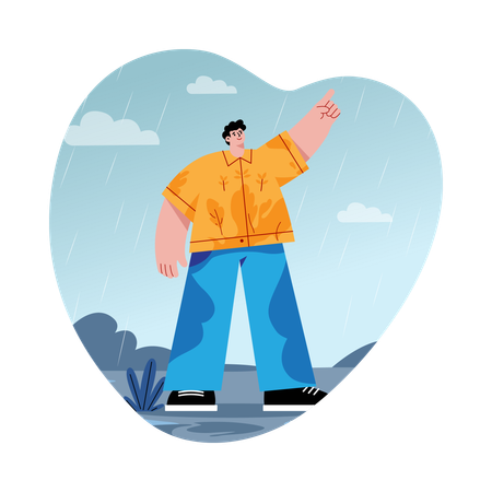 Boy Waving in the Rain  Illustration
