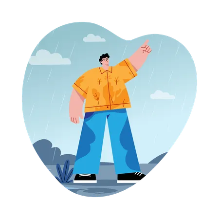 Boy Waving in the Rain  Illustration