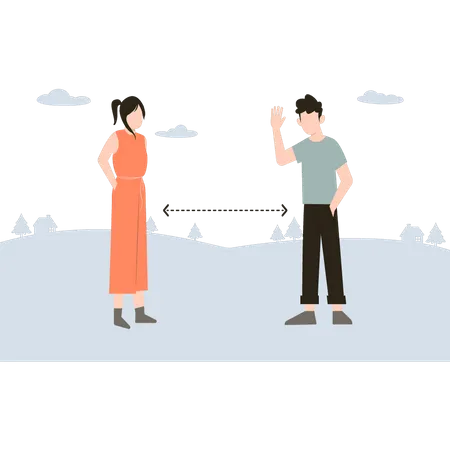 Boy waving to girl from a safe distance Illustration
