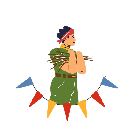 Boy wear scout uniform holding brushwood for campfire  Illustration